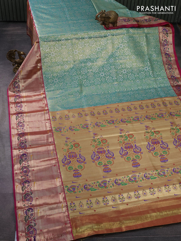 Tissue paithani silk saree teal green and magenta pink with allover silver zari woven brocade weaves and long zari woven paithani style border