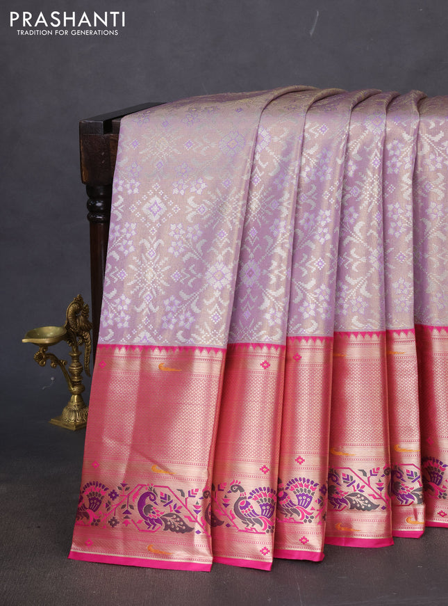 Tissue paithani silk saree pastel lavender and pink with allover silver zari woven brocade weaves and long zari woven paithani style border