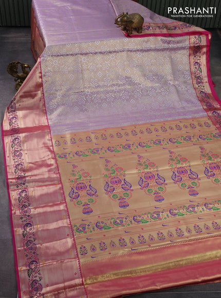 Tissue paithani silk saree pastel lavender and pink with allover silver zari woven brocade weaves and long zari woven paithani style border