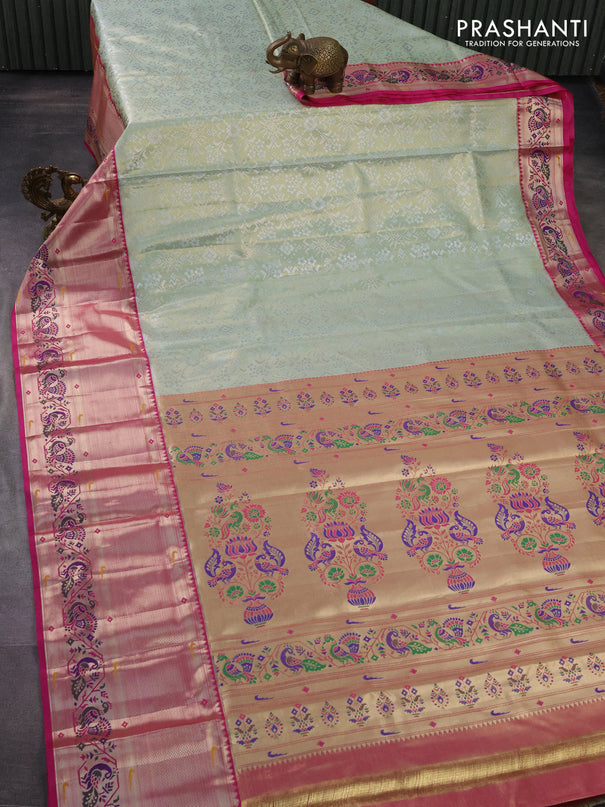 Tissue paithani silk saree pastel green and pink with allover silver zari woven brocade weaves and long zari woven paithani style border