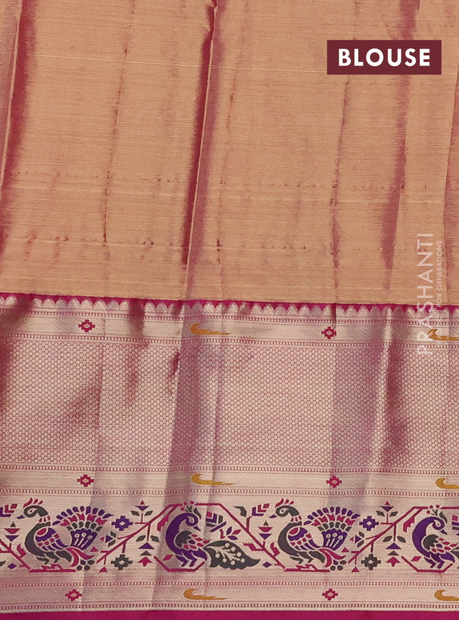 Tissue paithani silk saree pastel green and pink with allover silver zari woven brocade weaves and long zari woven paithani style border