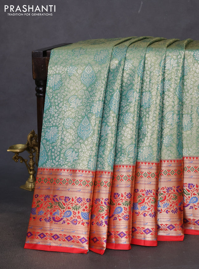 Tissue paithani silk saree teal green and red with allover zari woven brocade weaves and zari woven paithani style border