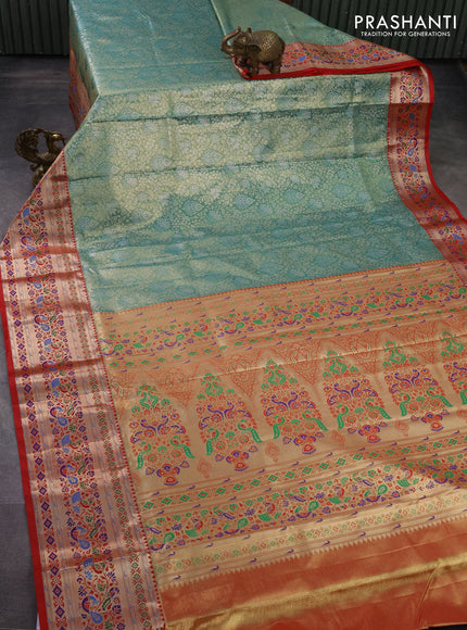 Tissue paithani silk saree teal green and red with allover zari woven brocade weaves and zari woven paithani style border