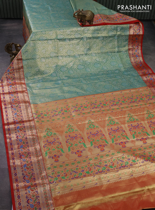 Tissue paithani silk saree teal green and red with allover zari woven brocade weaves and zari woven paithani style border
