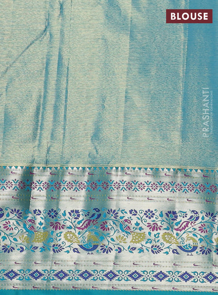 Tissue paithani silk saree dual shade of lavender and teal green with allover silver zari woven brocade weaves and zari woven paithani style border