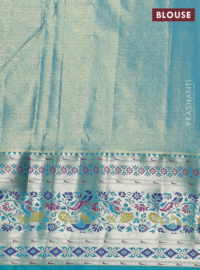 Tissue paithani silk saree dual shade of lavender and teal green with allover silver zari woven brocade weaves and zari woven paithani style border