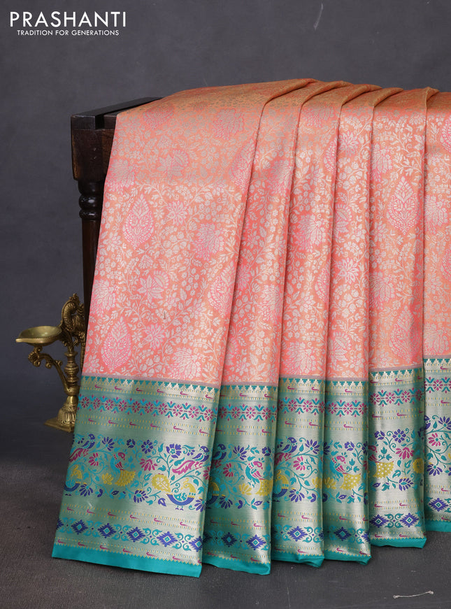 Tissue paithani silk saree peach pink and teal green with allover zari woven brocade weaves and zari woven paithani style border