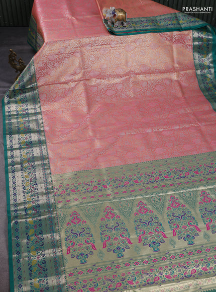 Tissue paithani silk saree peach pink and teal green with allover zari woven brocade weaves and zari woven paithani style border