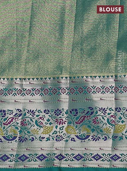 Tissue paithani silk saree peach pink and teal green with allover zari woven brocade weaves and zari woven paithani style border
