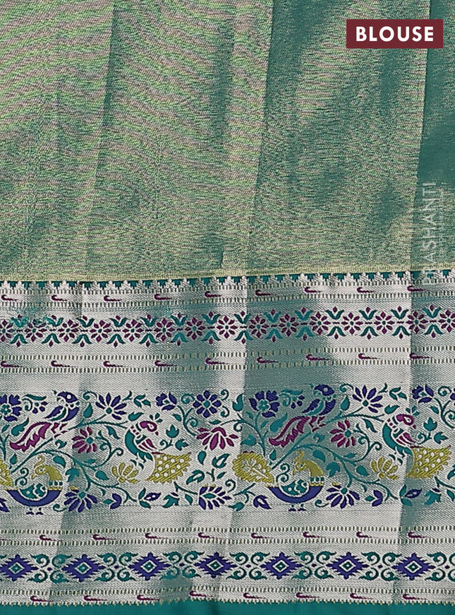 Tissue paithani silk saree peach pink and teal green with allover zari woven brocade weaves and zari woven paithani style border