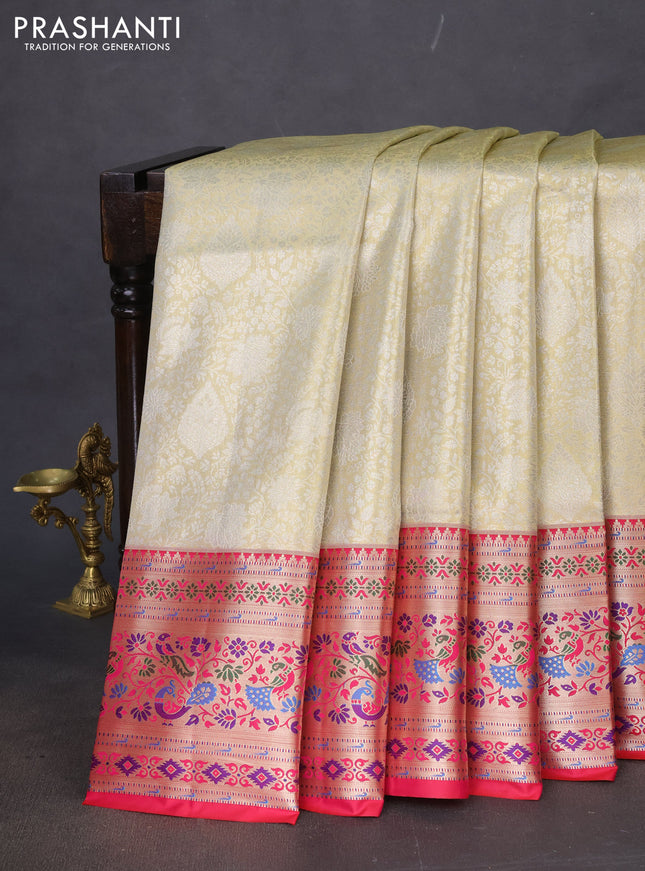 Tissue paithani silk saree cream and reddish pink with allover silver zari woven brocade weaves and zari woven paithani style border
