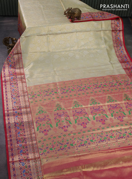 Tissue paithani silk saree cream and reddish pink with allover silver zari woven brocade weaves and zari woven paithani style border