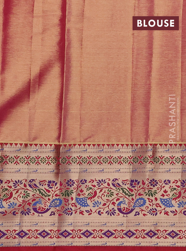 Tissue paithani silk saree cream and reddish pink with allover silver zari woven brocade weaves and zari woven paithani style border