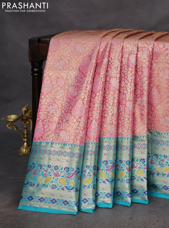 Tissue paithani silk saree dual shade of light pink and teal blue with allover silver zari woven brocade weaves and zari woven paithani style border