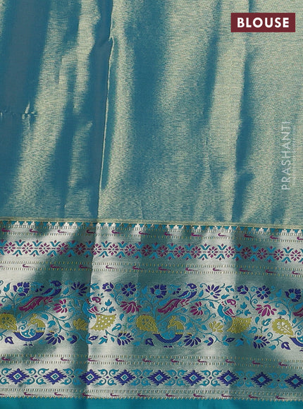 Tissue paithani silk saree dual shade of light pink and teal blue with allover silver zari woven brocade weaves and zari woven paithani style border