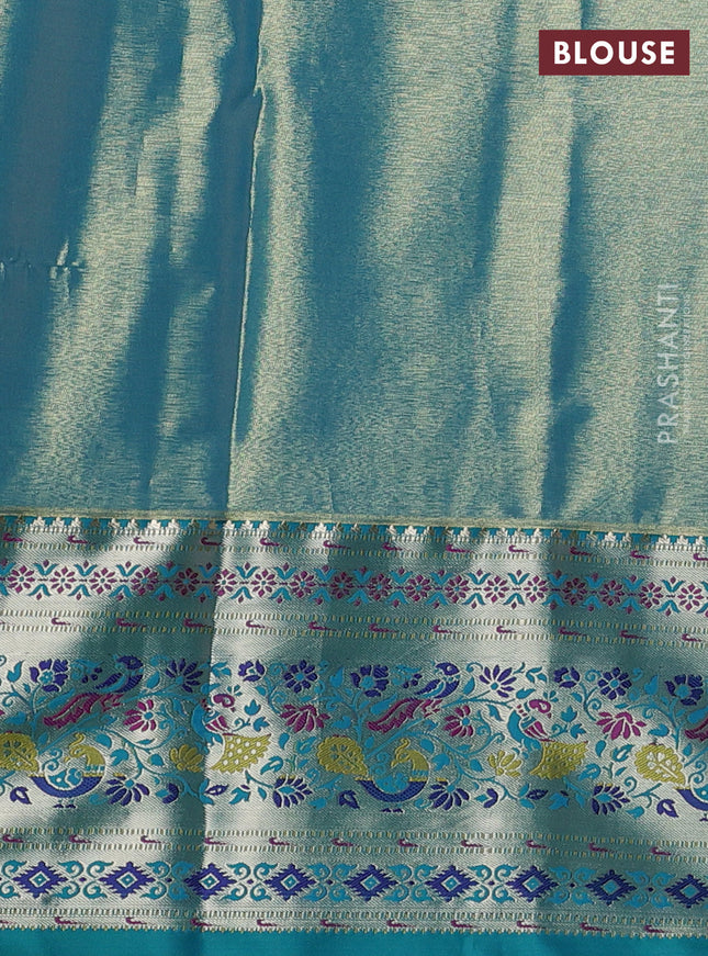Tissue paithani silk saree dual shade of light pink and teal blue with allover silver zari woven brocade weaves and zari woven paithani style border