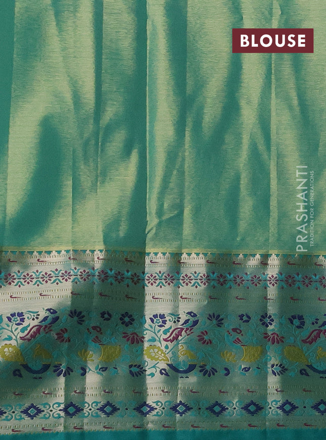 Tissue paithani silk saree sandal and teal green with allover zari woven brocade weaves and zari woven paithani style border