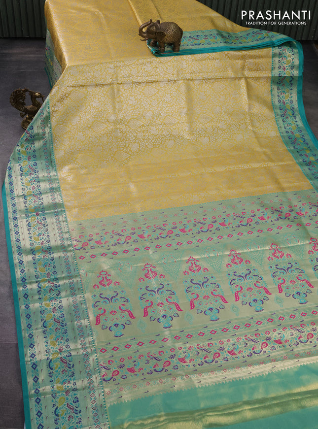 Tissue paithani silk saree yellow and teal green with allover zari woven brocade weaves and zari woven paithani style border