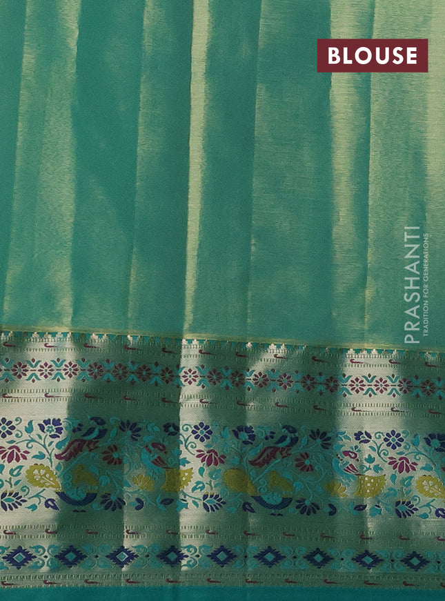 Tissue paithani silk saree yellow and teal green with allover zari woven brocade weaves and zari woven paithani style border
