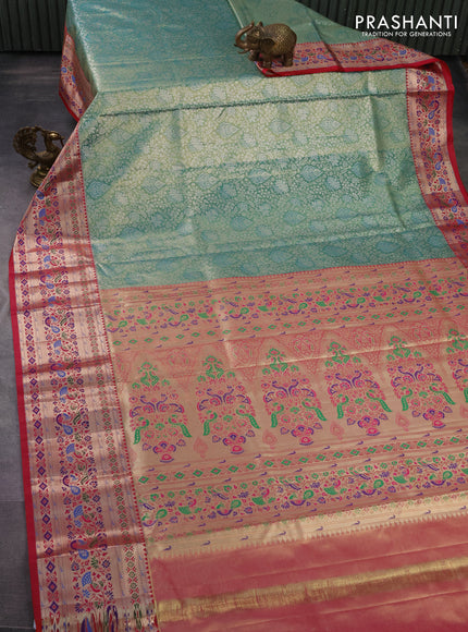 Tissue paithani silk saree teal green and reddish pink with allover zari woven brocade weaves and zari woven paithani style border