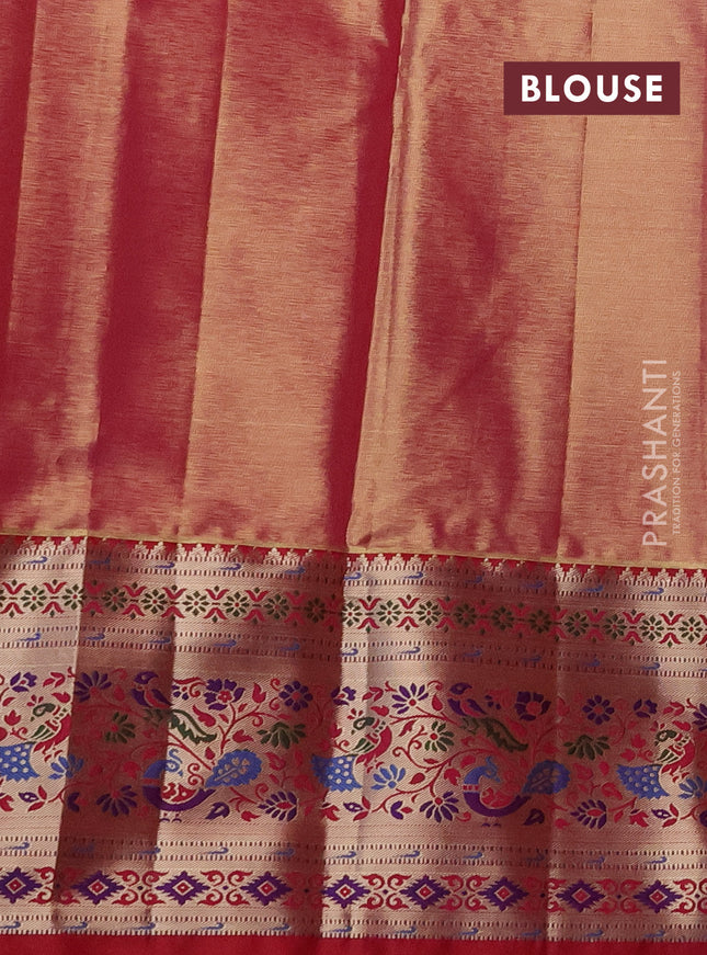 Tissue paithani silk saree teal green and reddish pink with allover zari woven brocade weaves and zari woven paithani style border