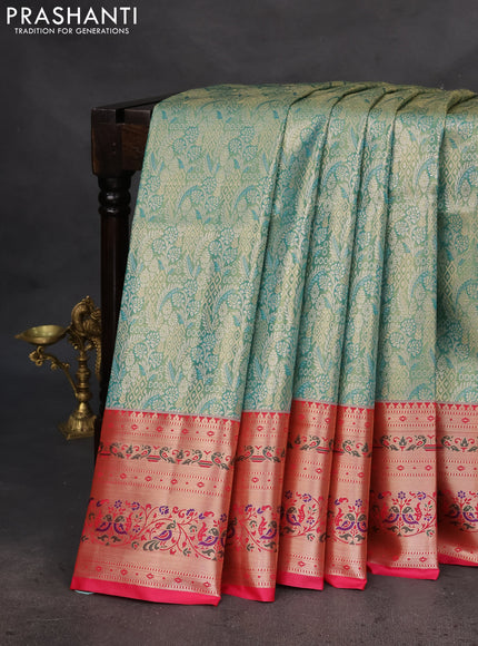 Tissue paithani silk saree green and pink with allover silver zari woven brocade weaves and zari woven paithani style border