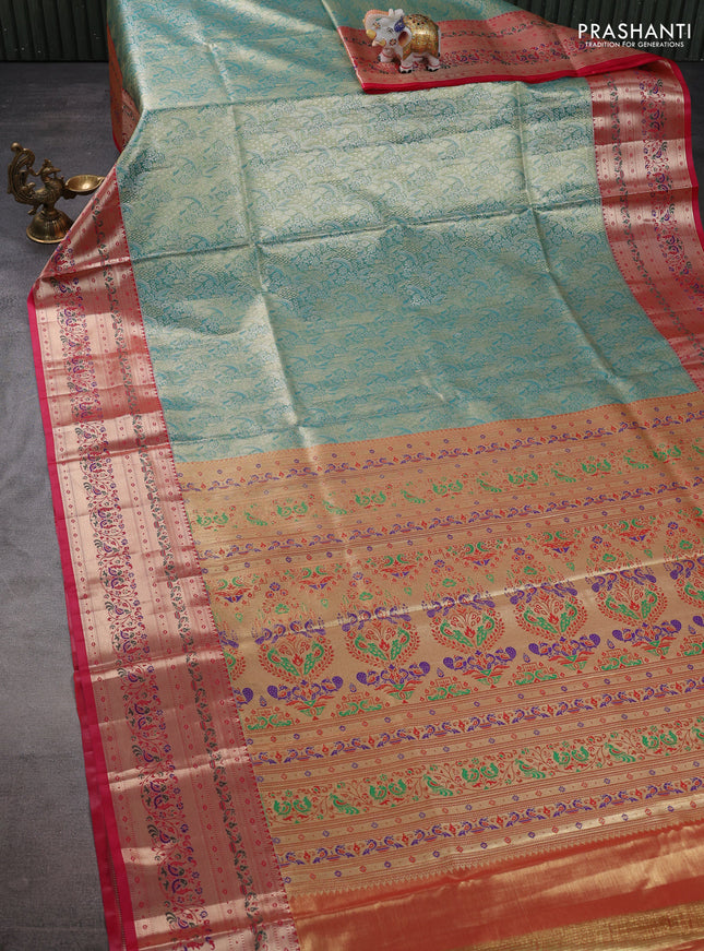 Tissue paithani silk saree green and pink with allover silver zari woven brocade weaves and zari woven paithani style border