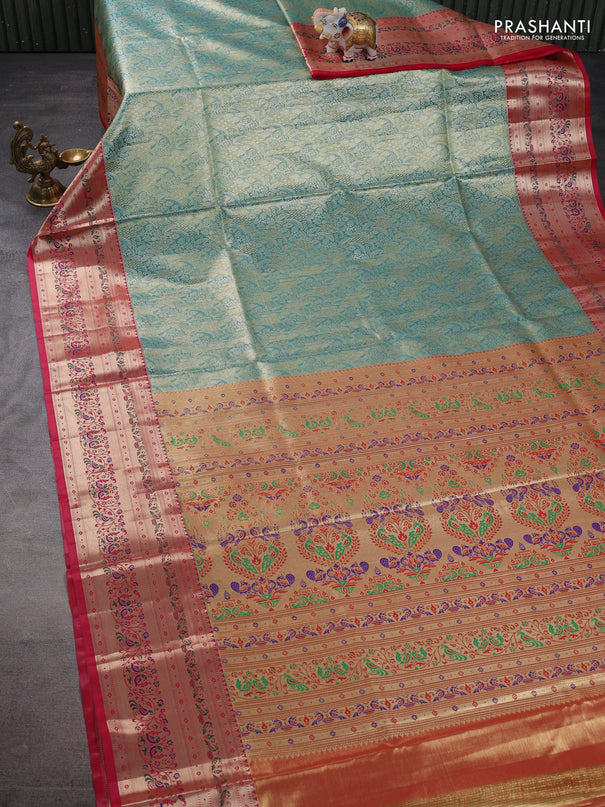 Tissue paithani silk saree green and pink with allover silver zari woven brocade weaves and zari woven paithani style border