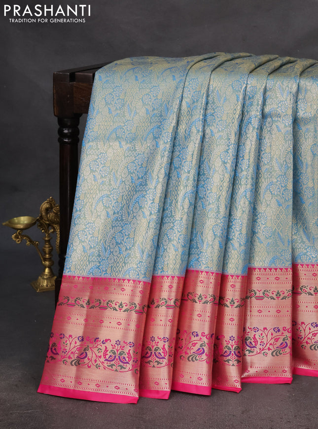 Tissue paithani silk saree blue and pink with allover silver zari woven brocade weaves and zari woven paithani style border