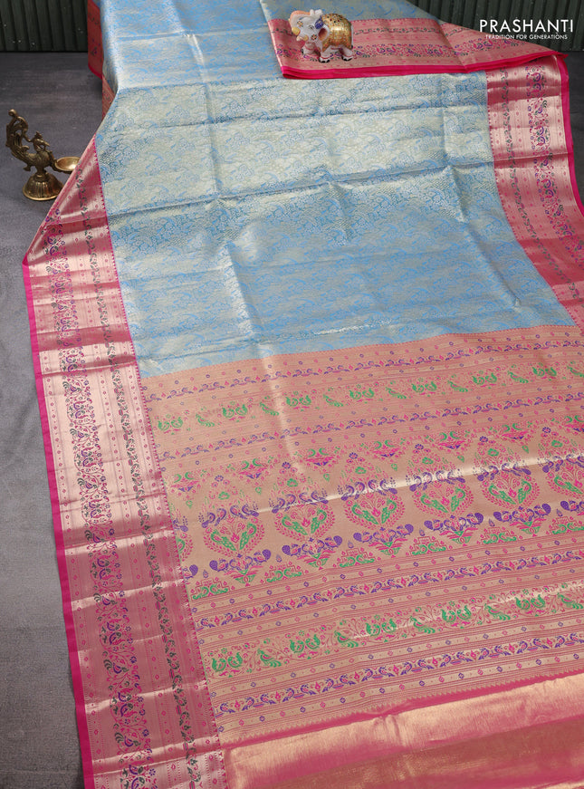 Tissue paithani silk saree blue and pink with allover silver zari woven brocade weaves and zari woven paithani style border