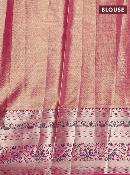 Tissue paithani silk saree blue and pink with allover silver zari woven brocade weaves and zari woven paithani style border