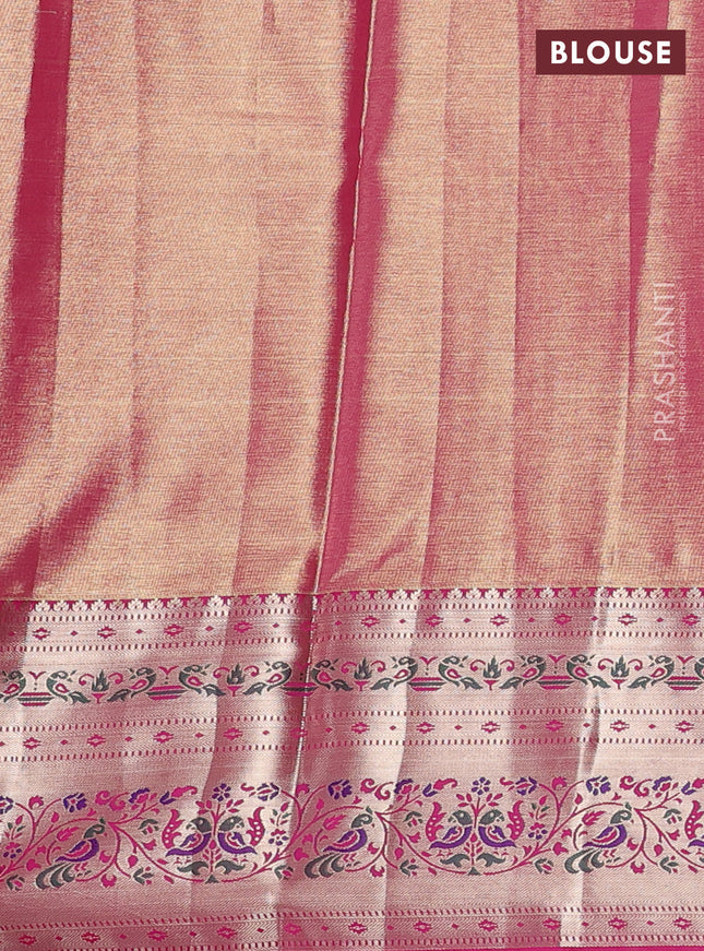 Tissue paithani silk saree blue and pink with allover silver zari woven brocade weaves and zari woven paithani style border