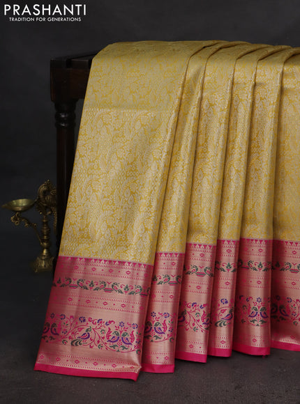 Tissue paithani silk saree mustard yellow and pink with allover silver zari woven brocade weaves and zari woven paithani style border