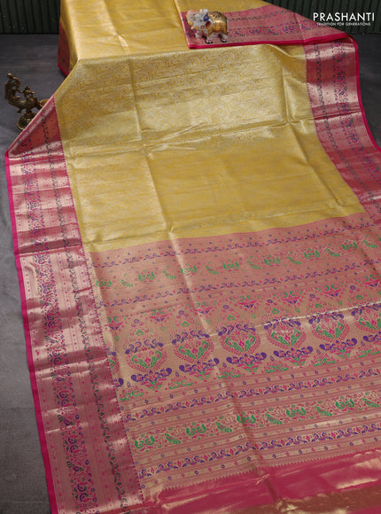 Tissue paithani silk saree mustard yellow and pink with allover silver zari woven brocade weaves and zari woven paithani style border