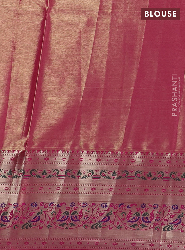 Tissue paithani silk saree mustard yellow and pink with allover silver zari woven brocade weaves and zari woven paithani style border