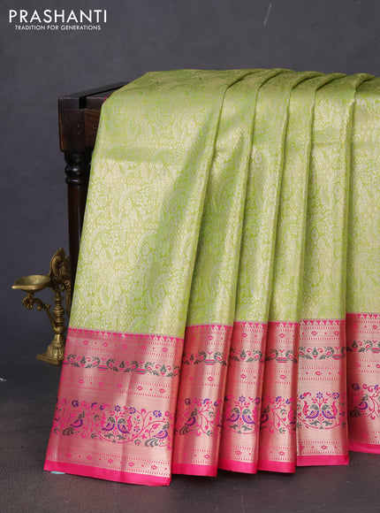 Tissue paithani silk saree lime green and pink with allover zari woven brocade weaves and zari woven paithani style border