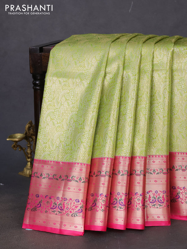 Tissue paithani silk saree lime green and pink with allover zari woven brocade weaves and zari woven paithani style border