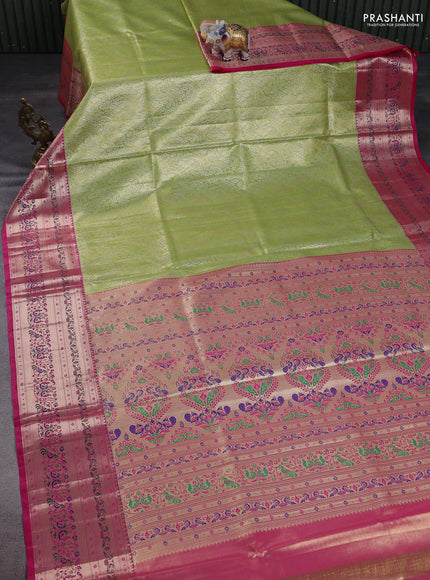 Tissue paithani silk saree lime green and pink with allover zari woven brocade weaves and zari woven paithani style border