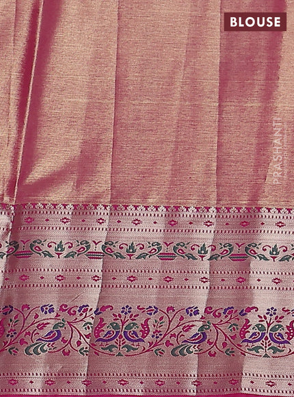 Tissue paithani silk saree lime green and pink with allover zari woven brocade weaves and zari woven paithani style border