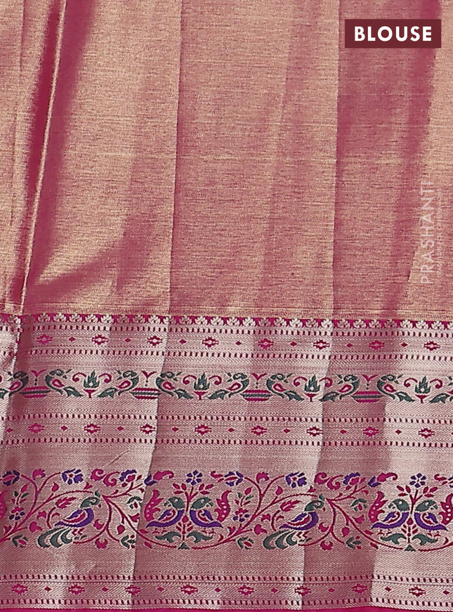 Tissue paithani silk saree lime green and pink with allover zari woven brocade weaves and zari woven paithani style border