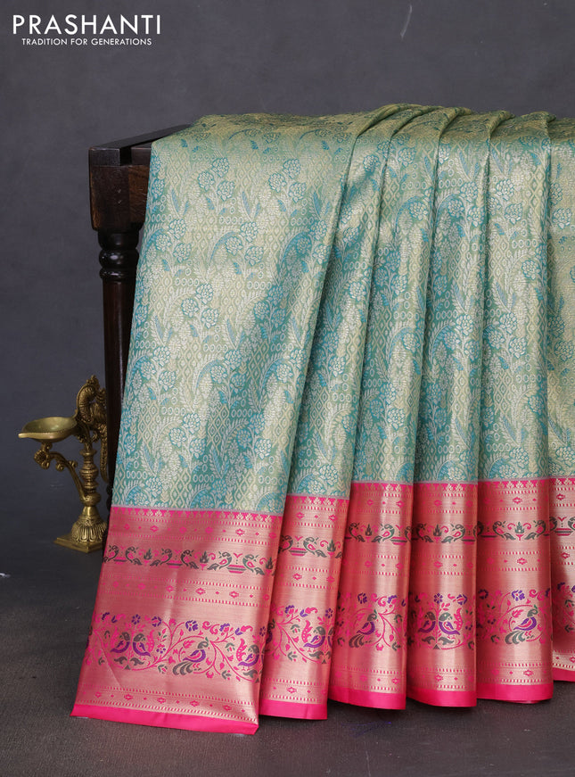 Tissue paithani silk saree green and pink with allover silver zari woven brocade weaves and zari woven paithani style border