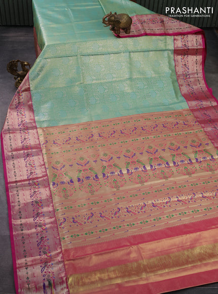 Tissue paithani silk saree green and pink with allover silver zari woven brocade weaves and zari woven paithani style border