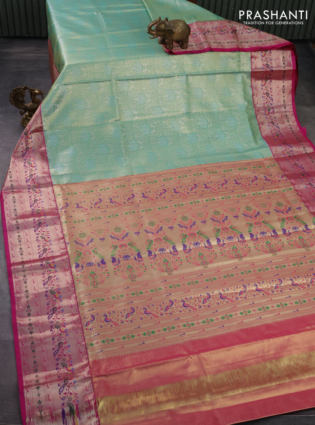 Tissue paithani silk saree green and pink with allover silver zari woven brocade weaves and zari woven paithani style border