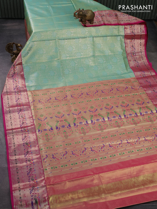 Tissue paithani silk saree green and pink with allover silver zari woven brocade weaves and zari woven paithani style border
