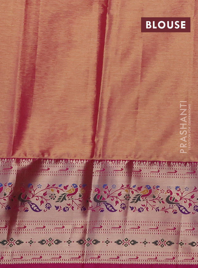 Tissue paithani silk saree green and pink with allover silver zari woven brocade weaves and zari woven paithani style border