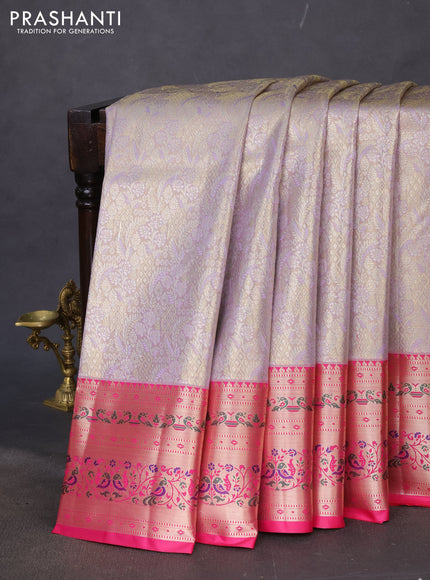 Tissue paithani silk saree pastel lavender and pink with allover silver zari woven brocade weaves and zari woven paithani style border