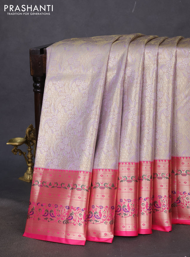 Tissue paithani silk saree pastel lavender and pink with allover silver zari woven brocade weaves and zari woven paithani style border
