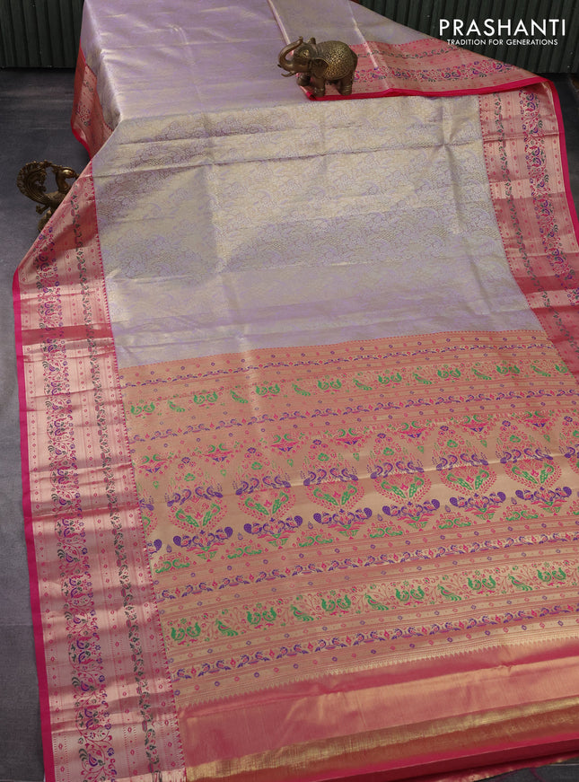Tissue paithani silk saree pastel lavender and pink with allover silver zari woven brocade weaves and zari woven paithani style border