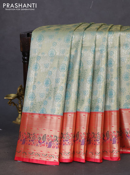 Tissue paithani silk saree teal green shade and red with allover zari woven brocade weaves and zari woven paithani style border