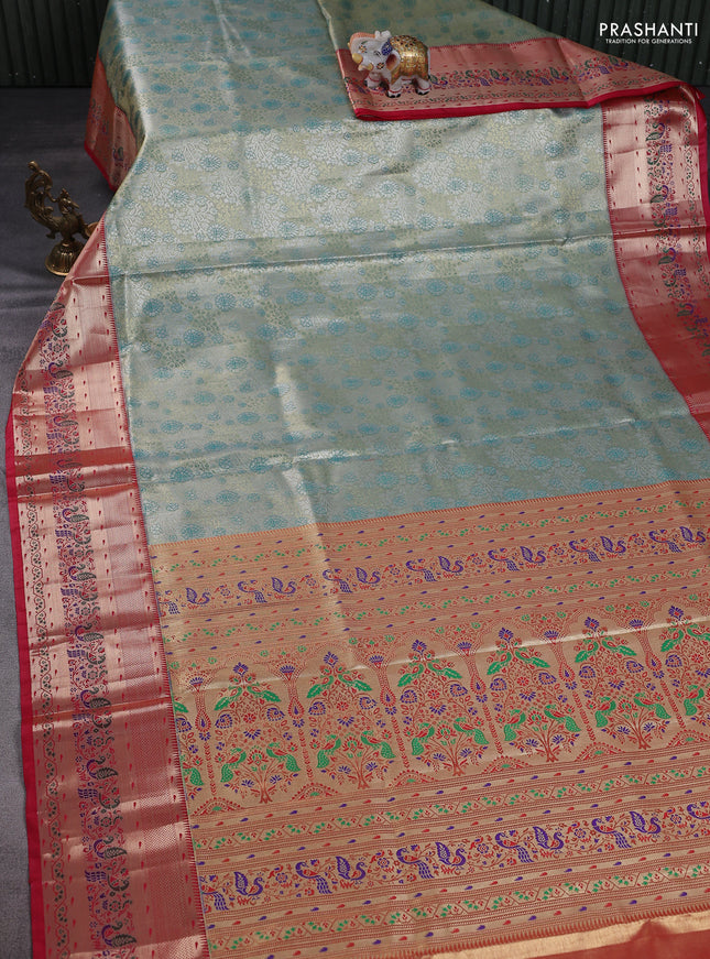Tissue paithani silk saree teal green shade and red with allover zari woven brocade weaves and zari woven paithani style border
